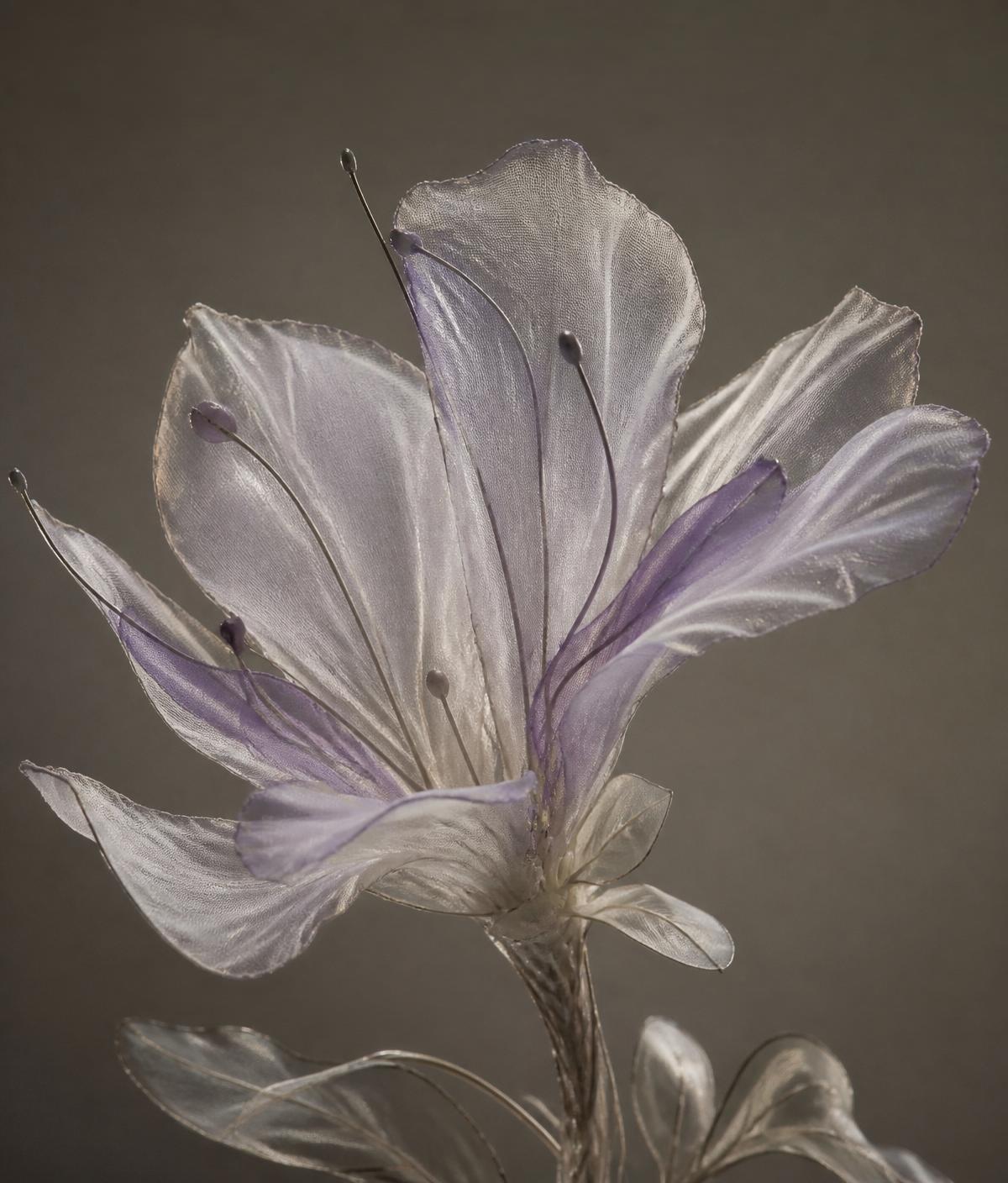 A translucent fabric-and-wire flower sculpture, lavender and cream tones.