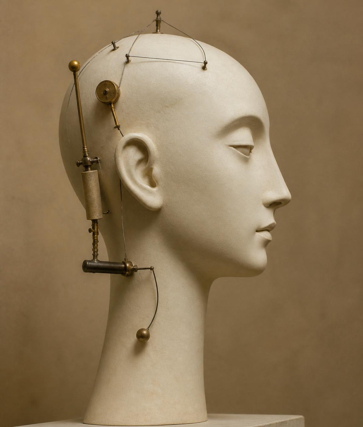 A cream ceramic head sculpture with fine instruments and wires.