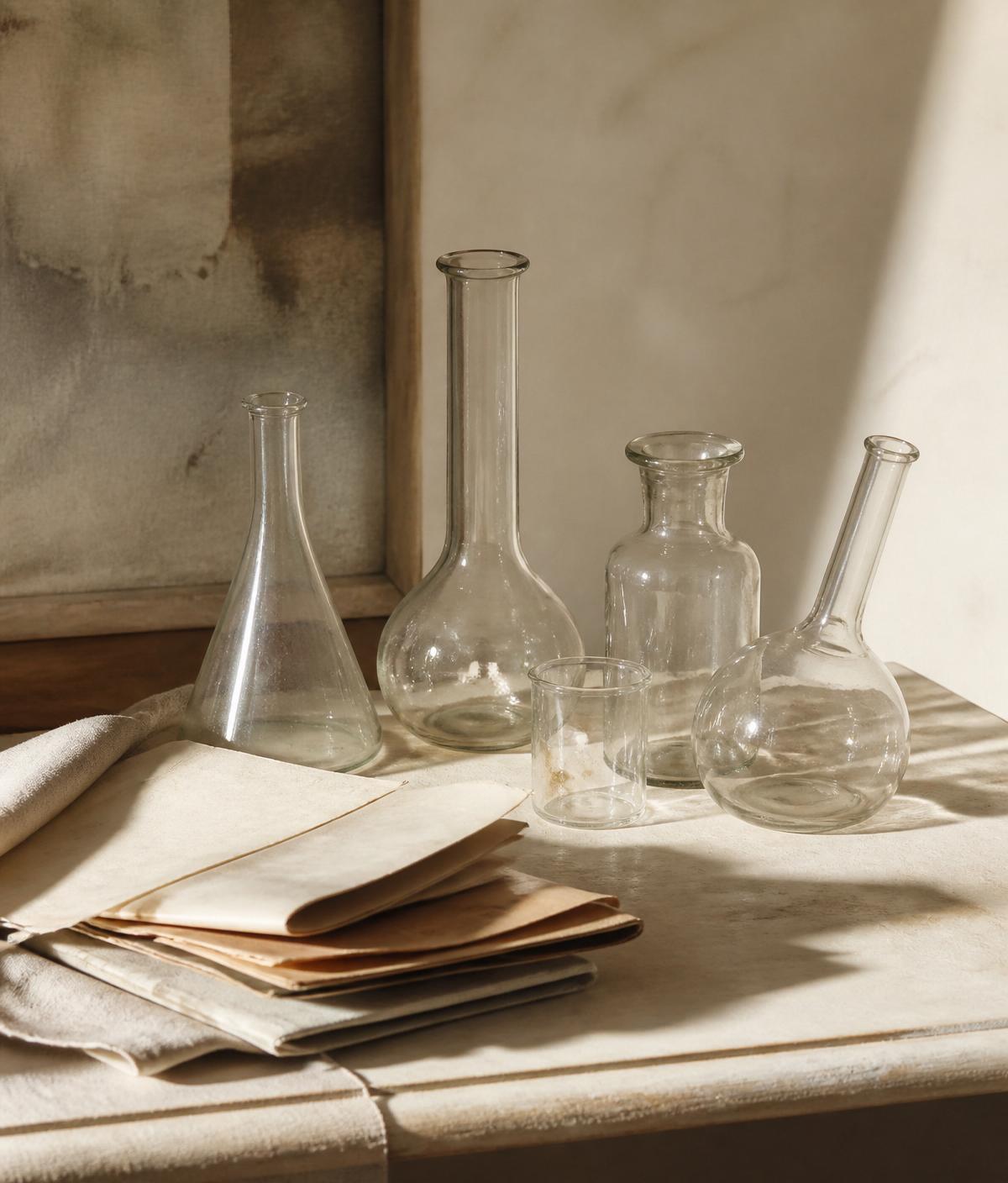 Editorial still life of clear glass laboratory vessels and folded paper.
